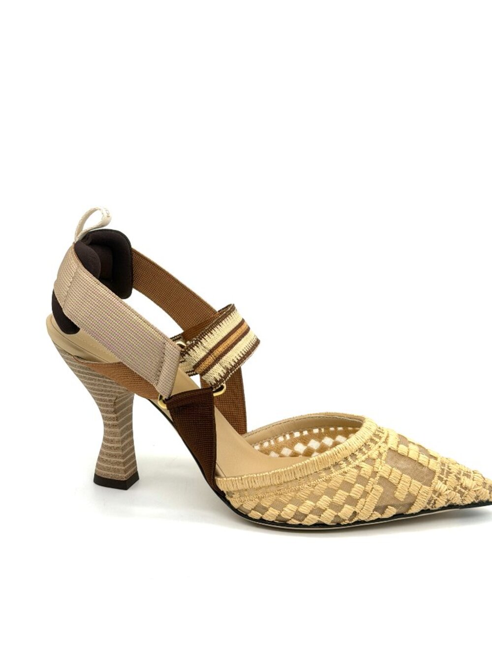FENDI Colibri 85 Mesh Raffia Sporty FF Logo Slingback Heels Pumps Sandals - Picture 10 of 16